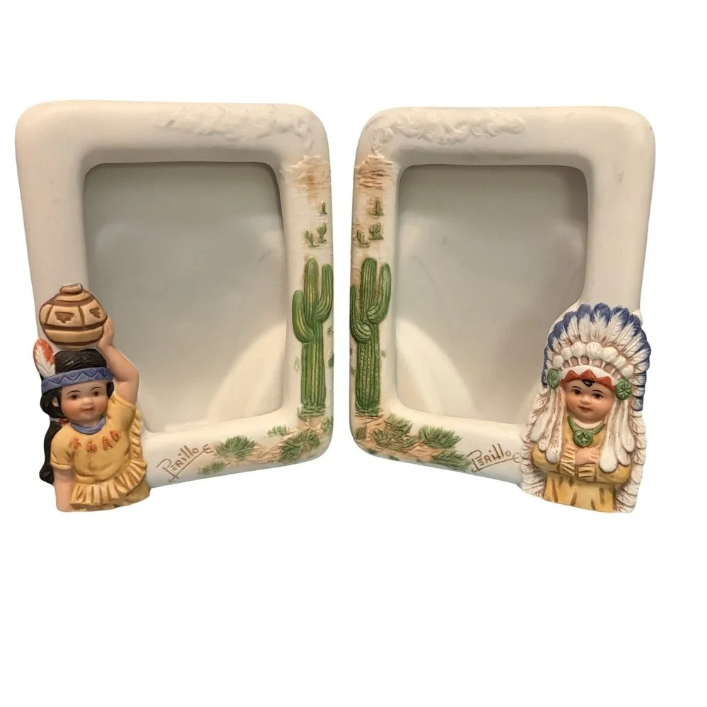 VTG Ceramic 2 Native American Picture Frames by Renowned Artist Gregory‎ Perillo